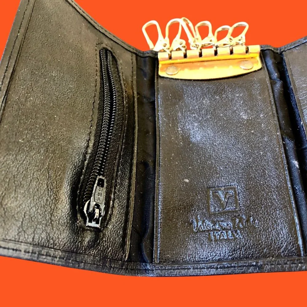 Valentino Rudy Italy Black Leather KEY COIN CARD Wallet Mens Tri-Fold